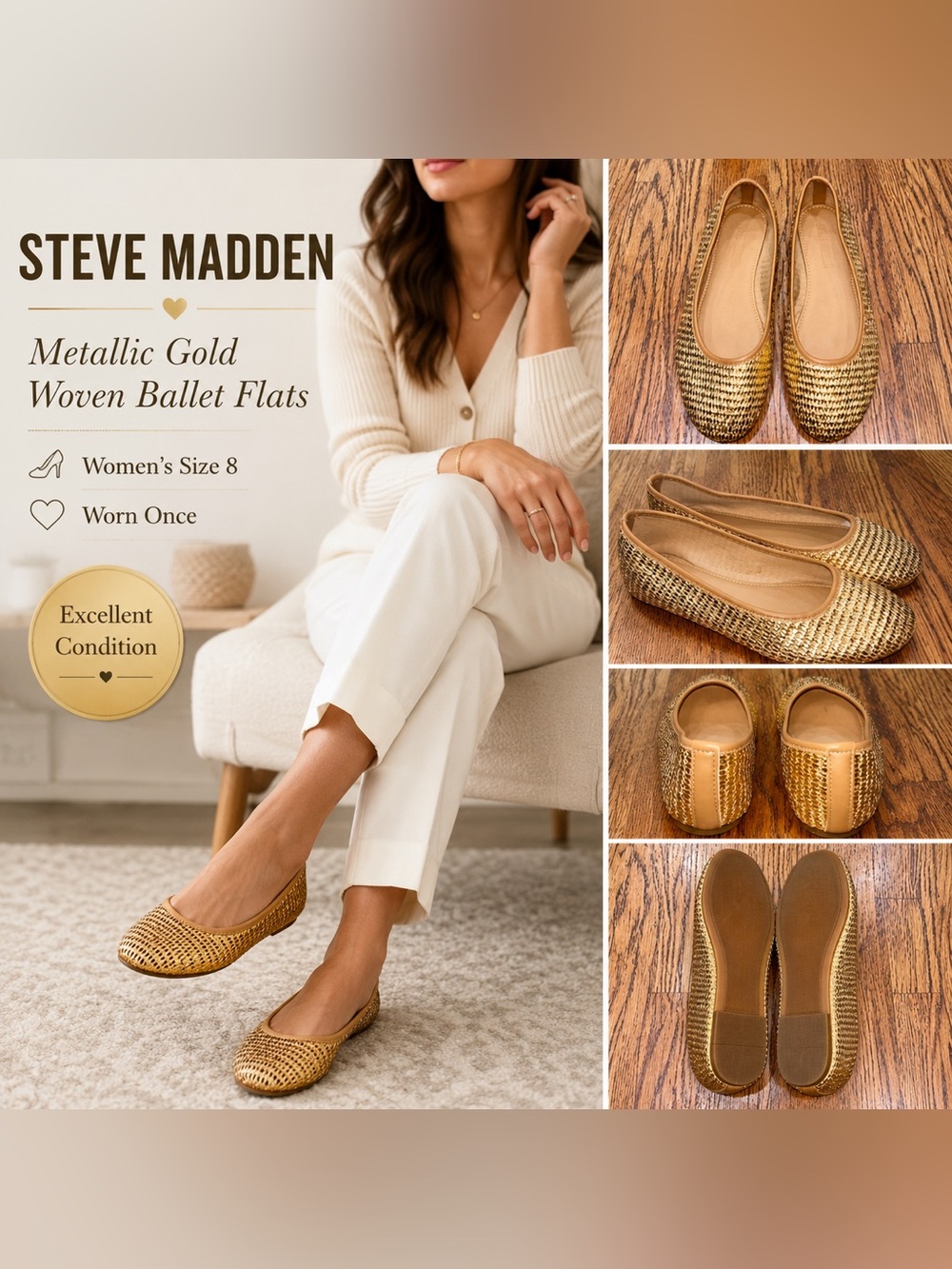 Steve Madden Metallic Gold Woven Ballet Flats Women’s Size 8 Worn Once